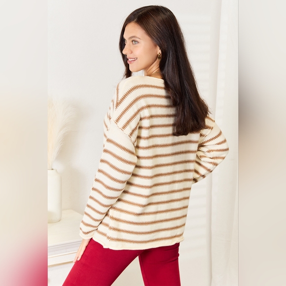 Double Take White/Tan Striped Long Sleeve Boat Neck Sweater - Picture 2 of 5
